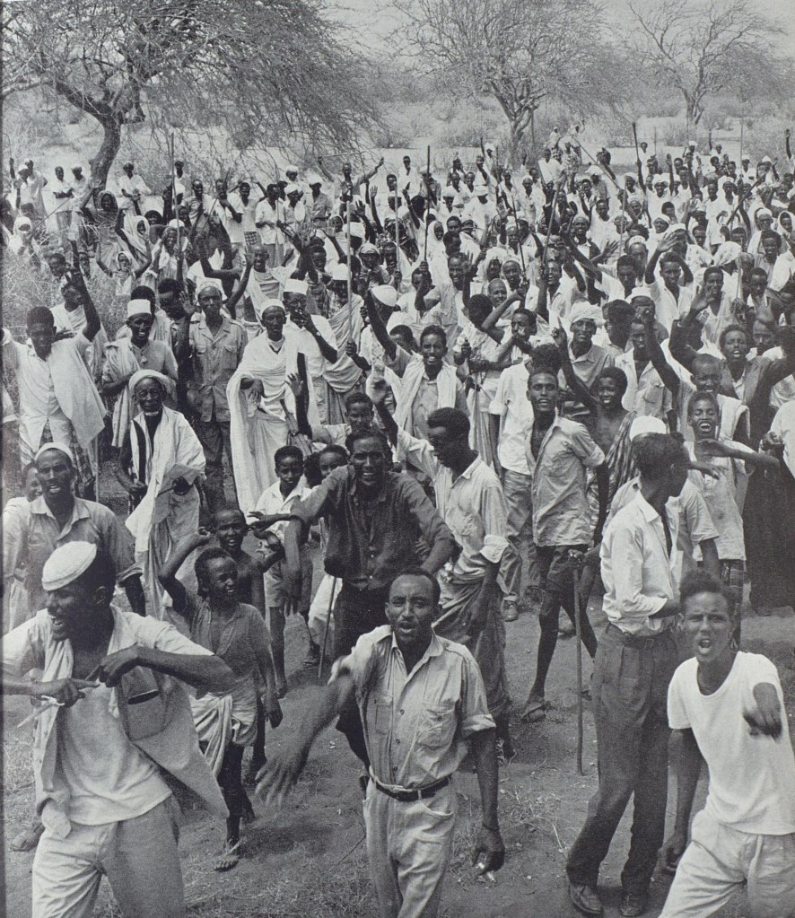 Somali demonstrators in Wajir, Northern Frontier District of Kenya, protesting in support of chiefs who resigned after Britain refused union with Somalia.